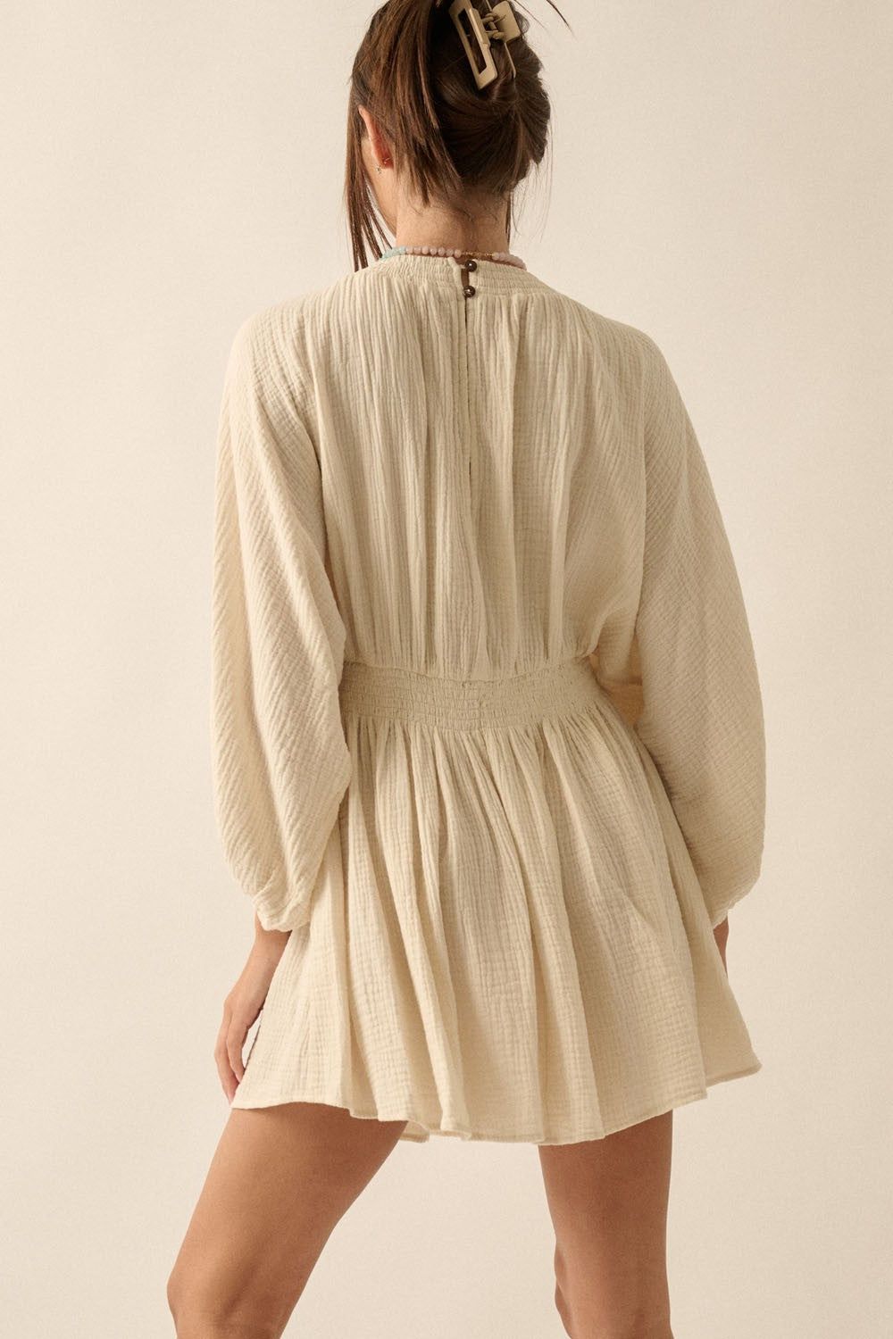 Cream Crinkle Cotton V-Neck Dolman-Sleeve Mini Dress sold by Pinkblush product image thumbnail 3