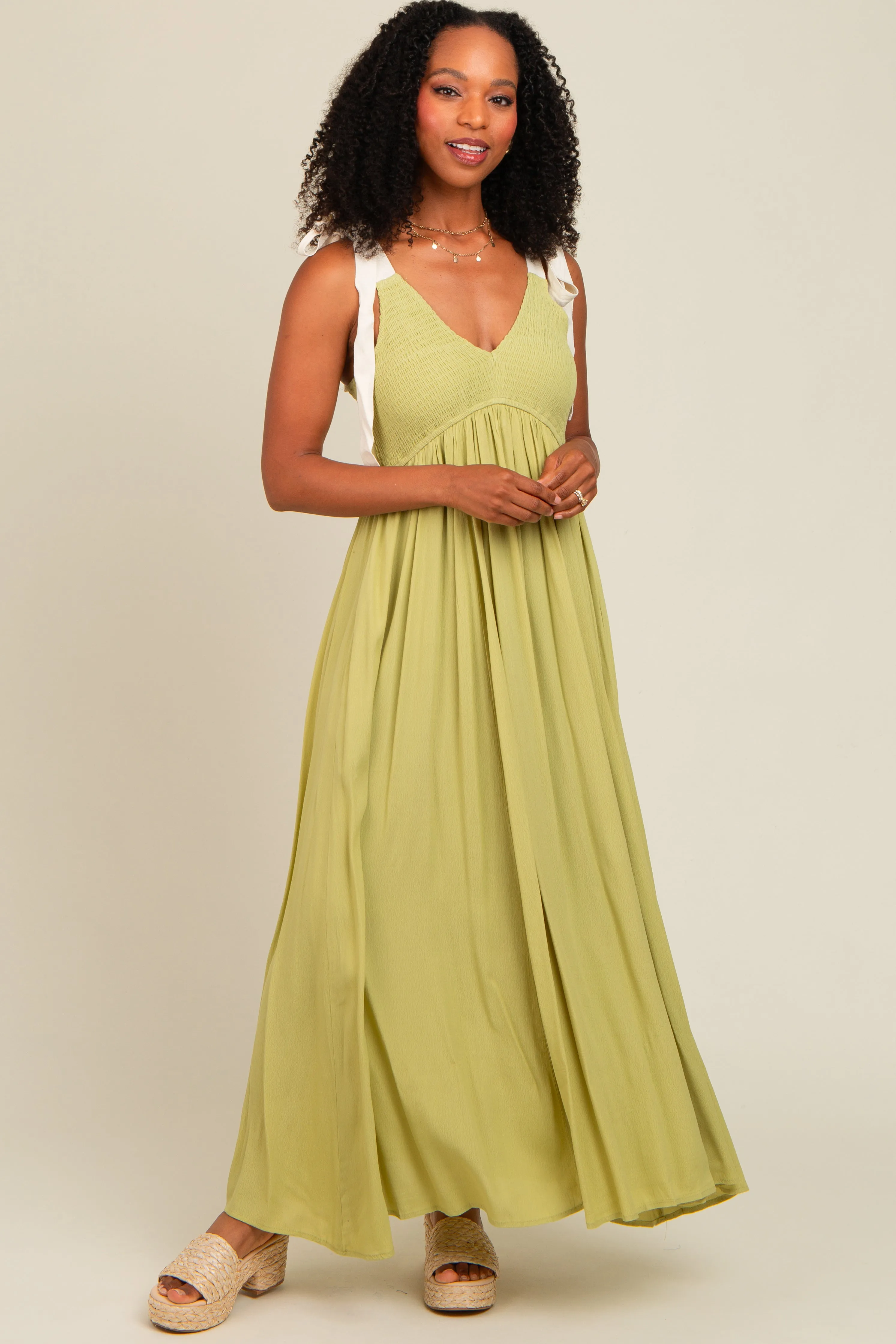 Lime Contrast Shoulder Tie Smocked Maxi Dress sold by Pinkblush product image thumbnail 2