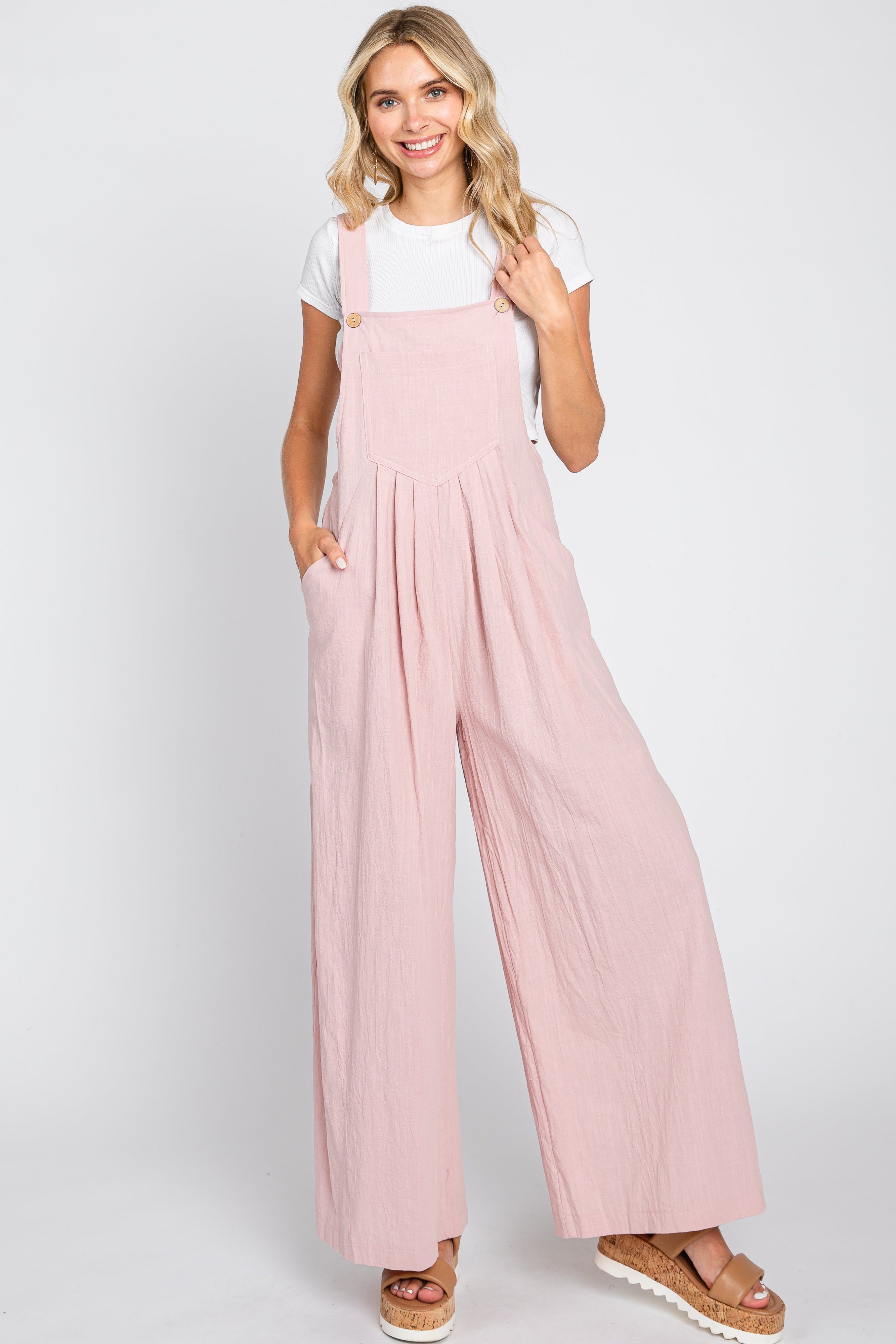 Light Pink Front Pocket Pleated Linen Overall sold by Pinkblush
