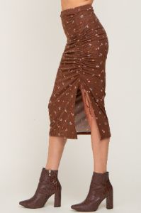 Brown Floral Ribbed Ruched Slit Midi Skirt sold by Pinkblush