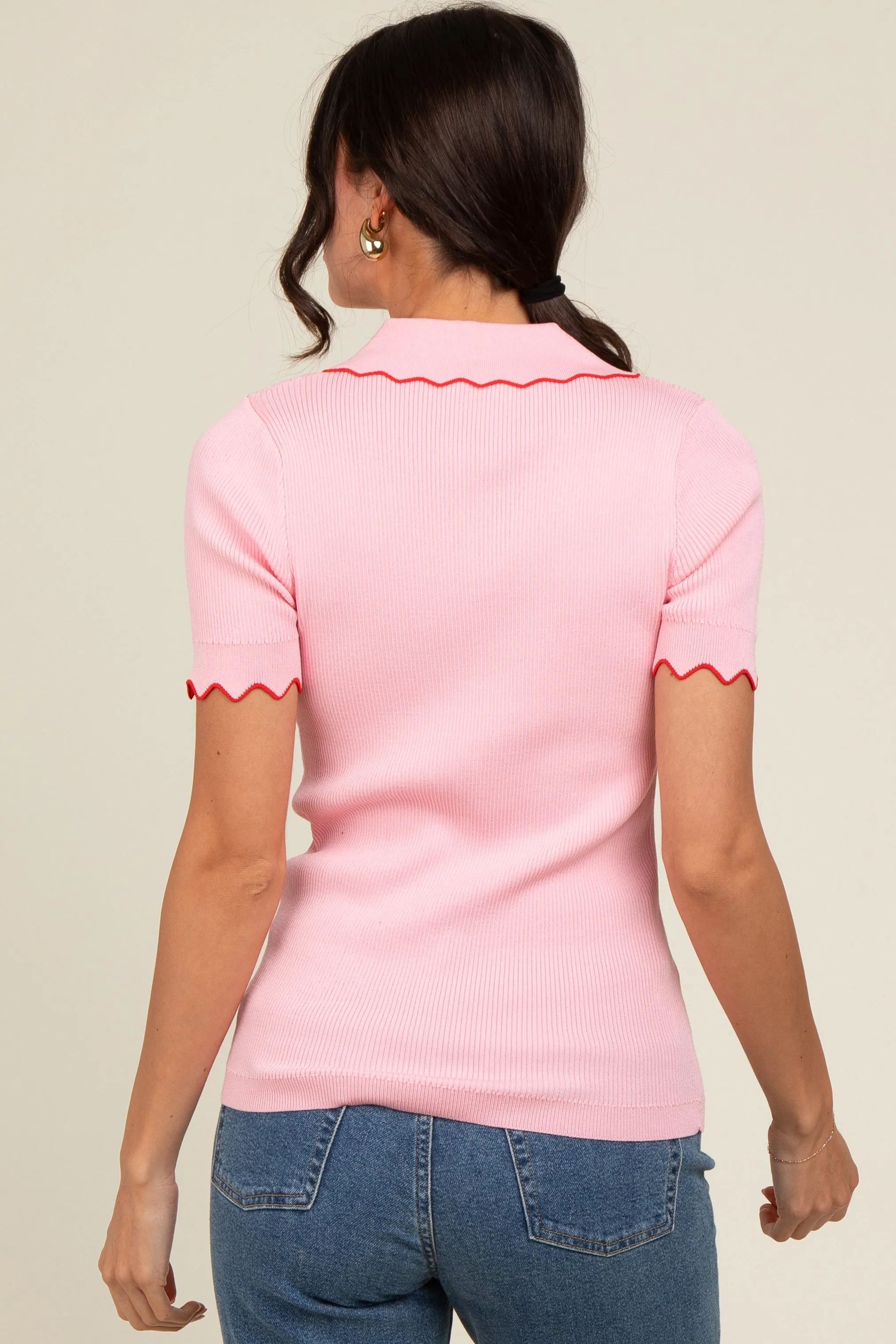 Pink Ribbed Scallop Trim Split V-Neck Short Sleeve Top sold by Pinkblush product image thumbnail 2