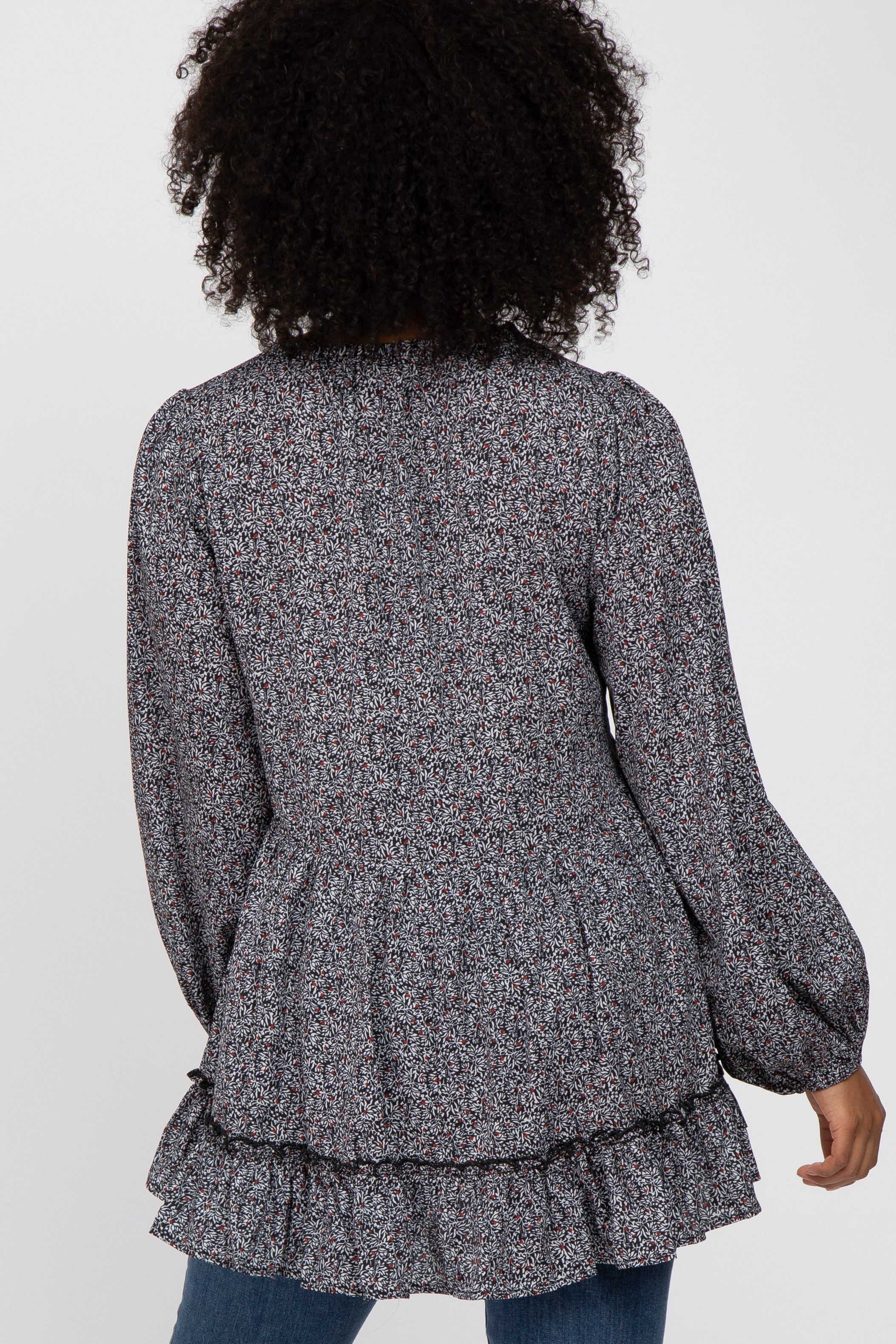 Black Floral Ruffle Long Sleeve Blouse sold by Pinkblush product image thumbnail 3
