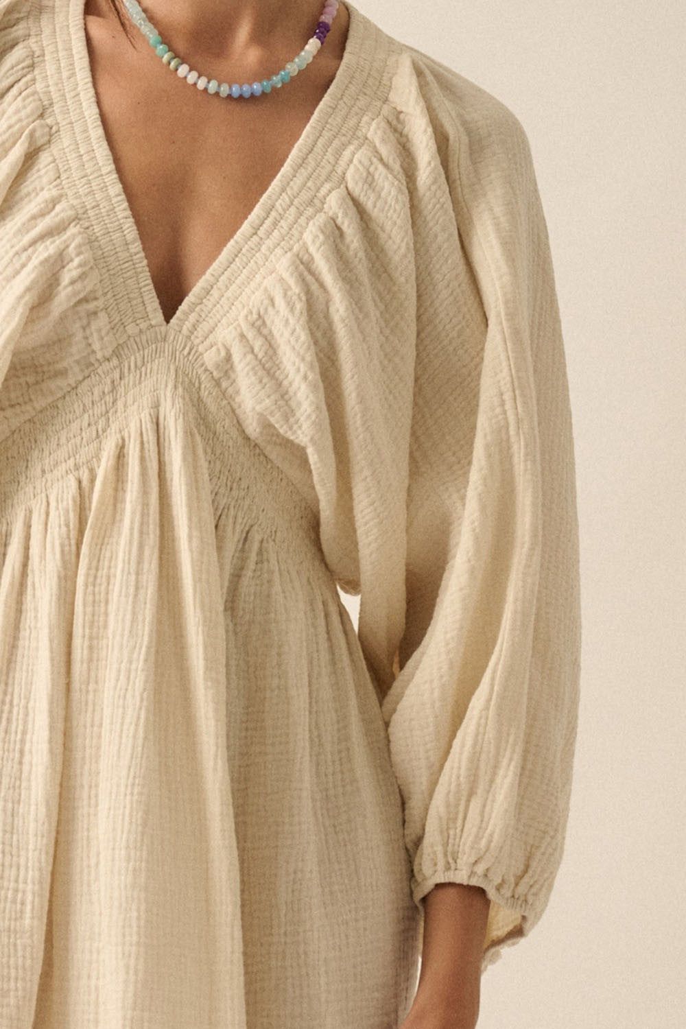 Cream Crinkle Cotton V-Neck Dolman-Sleeve Mini Dress sold by Pinkblush product image thumbnail 4