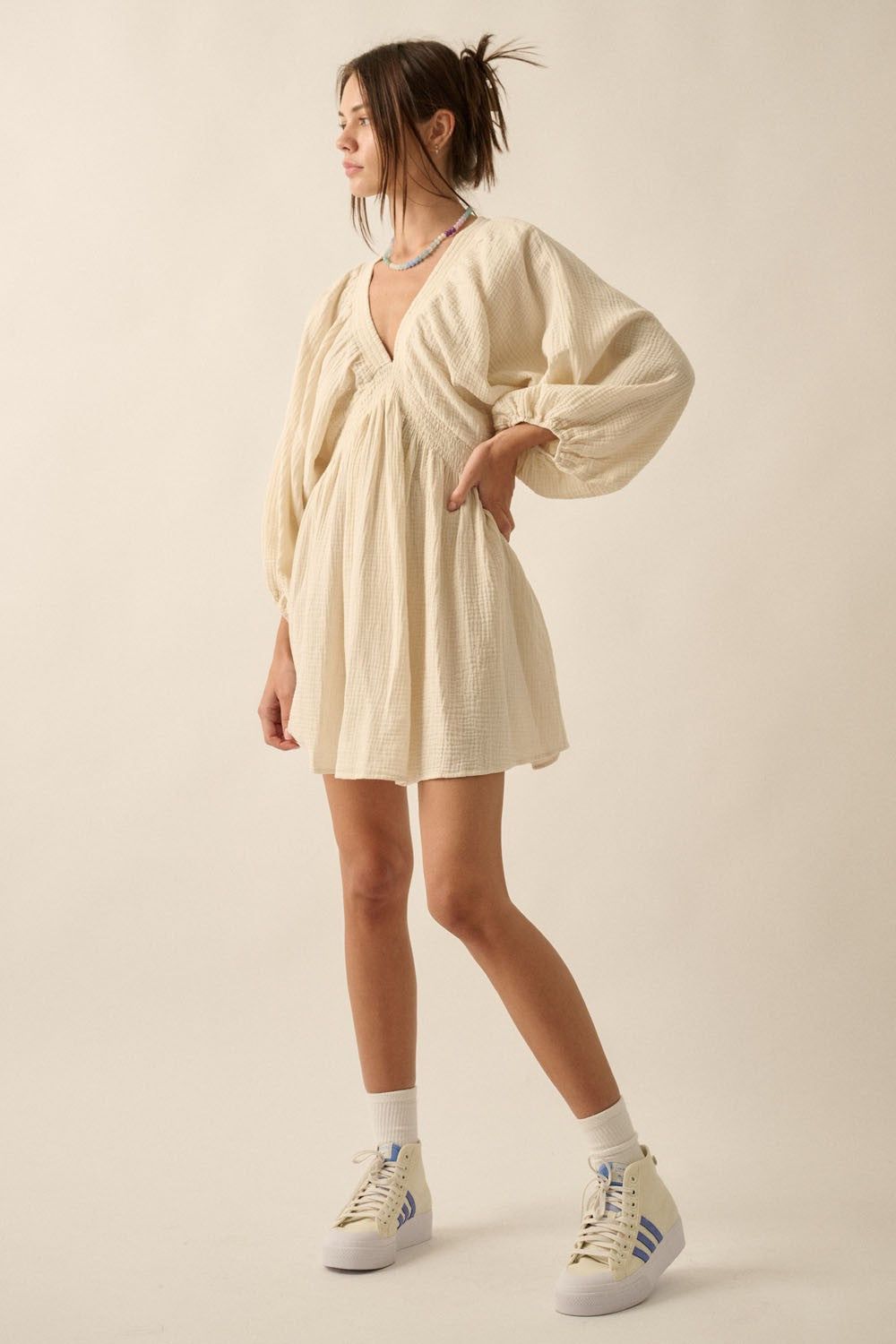 Cream Crinkle Cotton V-Neck Dolman-Sleeve Mini Dress sold by Pinkblush