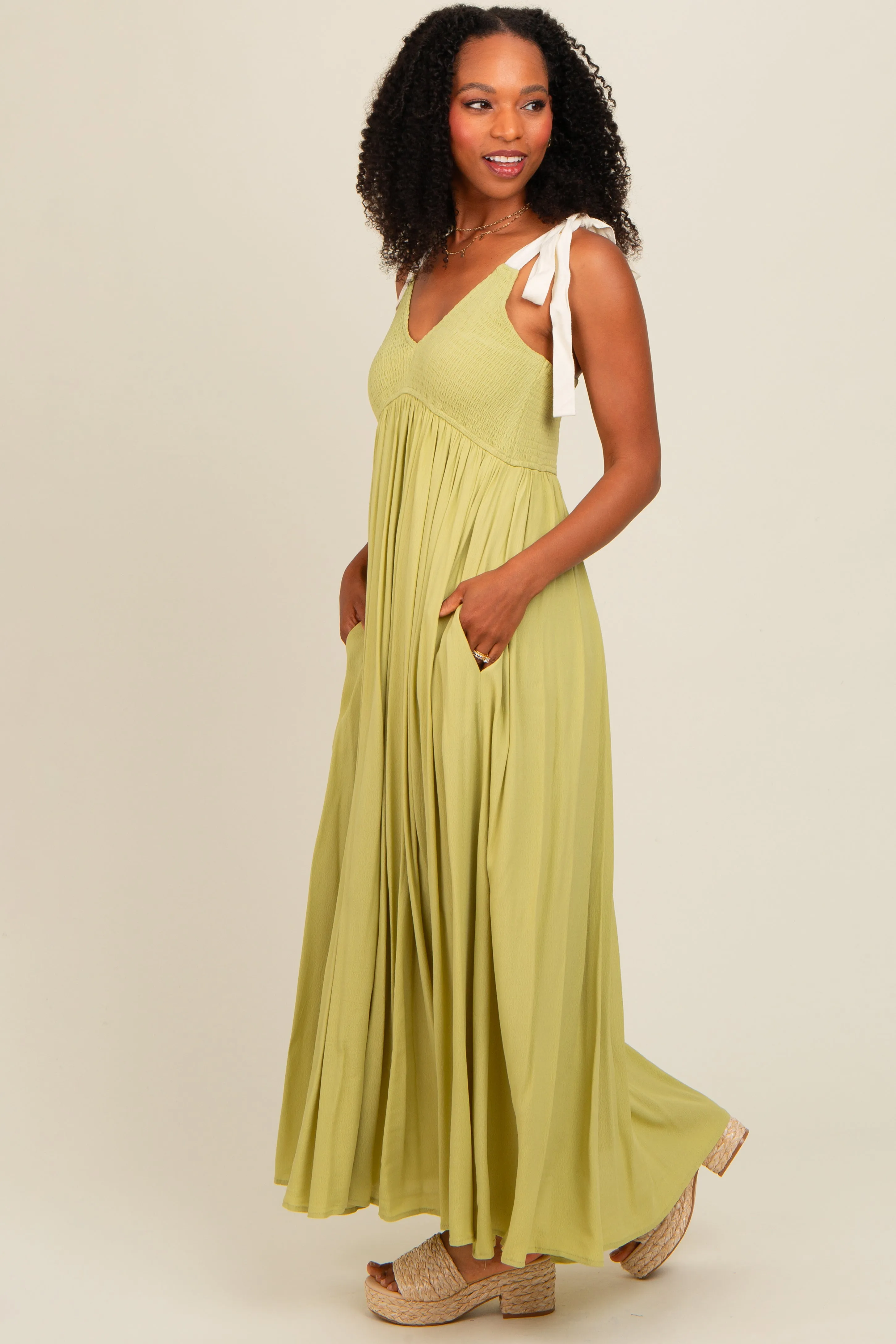 Lime Contrast Shoulder Tie Smocked Maxi Dress sold by Pinkblush product image thumbnail 3