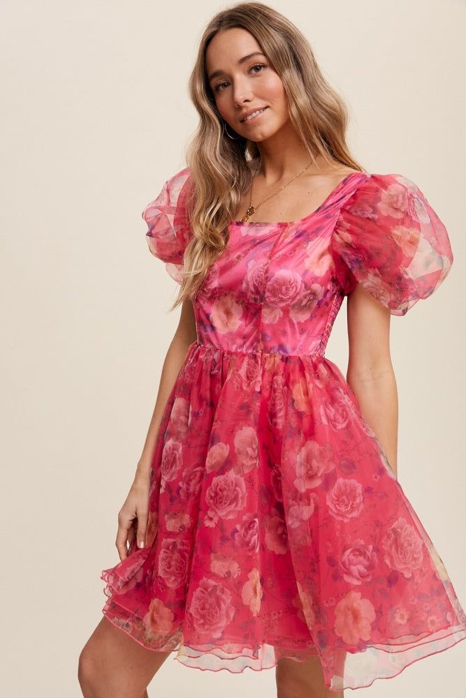 Pink Floral Print Organza Balloon Sleeve Mini Dress sold by Pinkblush product image thumbnail 2