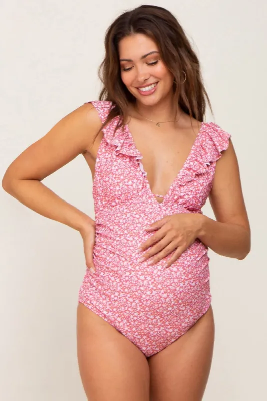 Pink Floral Ruffle Maternity One-Piece Swimsuit sold by Pinkblush