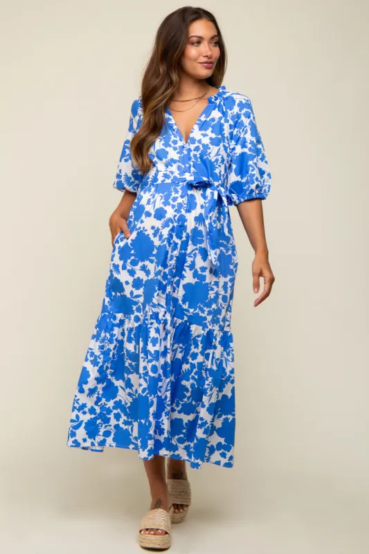 Blue Floral Button Up Puff Sleeve Maternity Midi Dress sold by Pinkblush