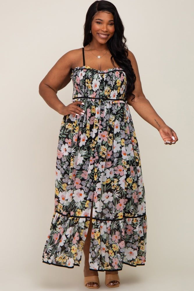 Black Floral Sleeveless Button Down Plus Maxi Dress sold by Pinkblush product image thumbnail 4