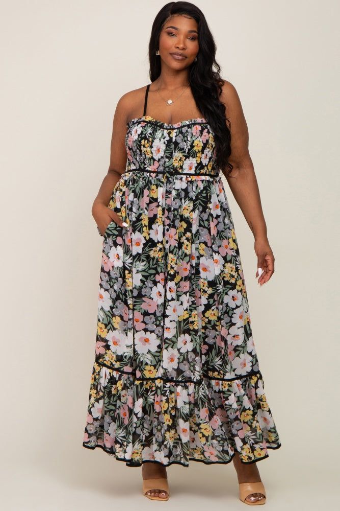 Black Floral Sleeveless Button Down Plus Maxi Dress sold by Pinkblush
