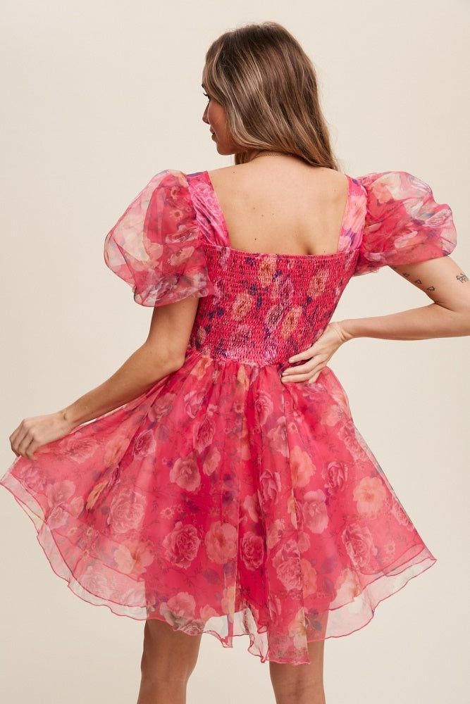 Pink Floral Print Organza Balloon Sleeve Mini Dress sold by Pinkblush product image thumbnail 3