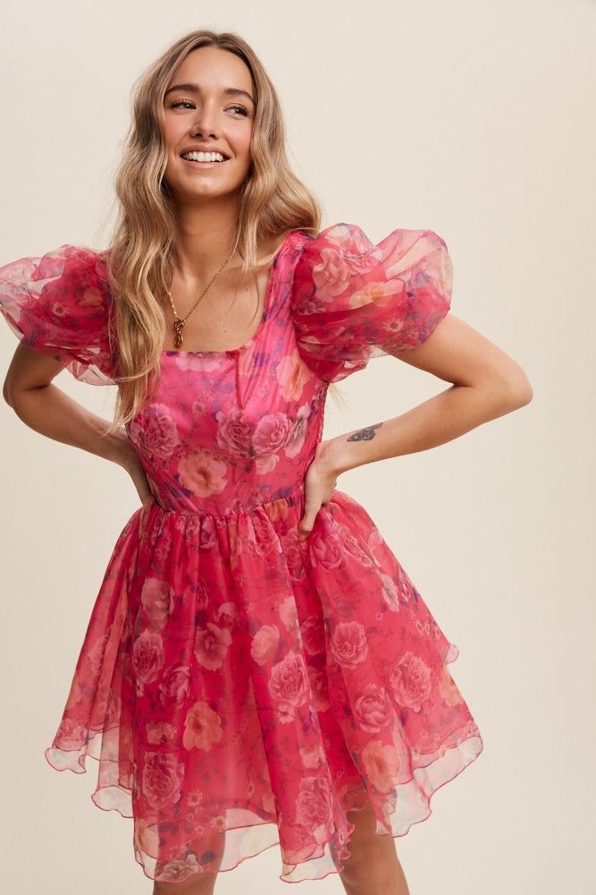 Pink Floral Print Organza Balloon Sleeve Mini Dress sold by Pinkblush