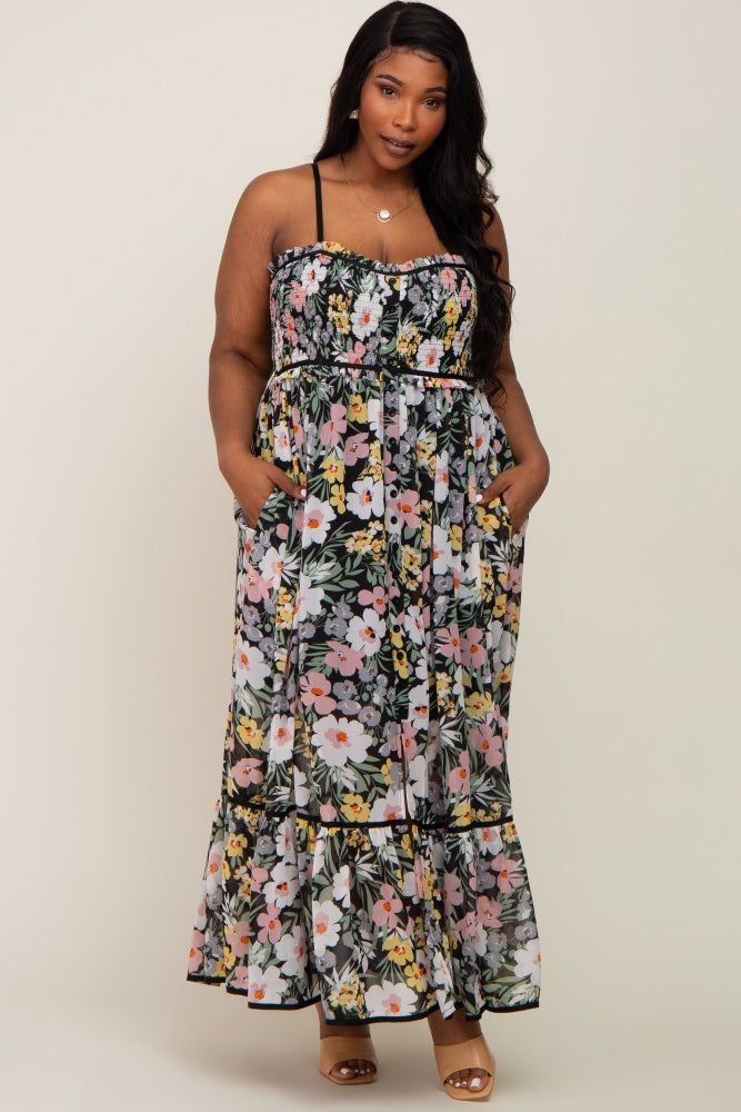 Black Floral Sleeveless Button Down Plus Maxi Dress sold by Pinkblush product image thumbnail 5