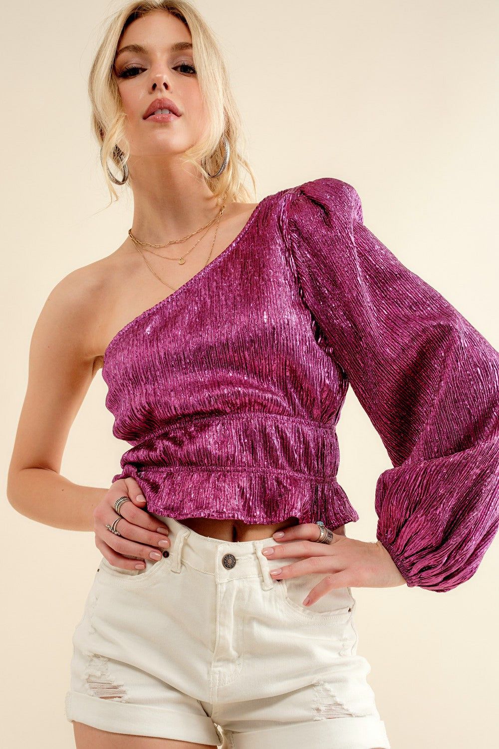 Magenta Pleated One Shoulder Dressy Top sold by Pinkblush