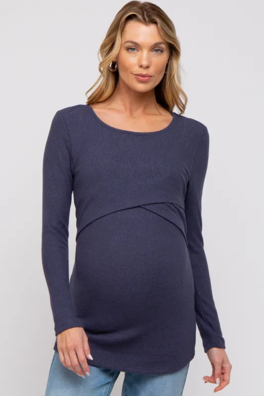 Navy Ribbed Crossover Maternity/Nursing Top sold by Pinkblush