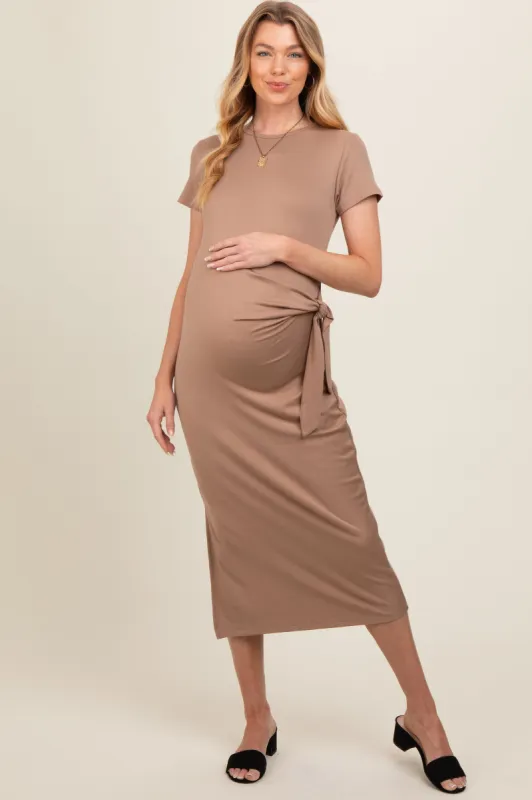 Mocha Side Tie Maternity Midi Dress sold by Pinkblush