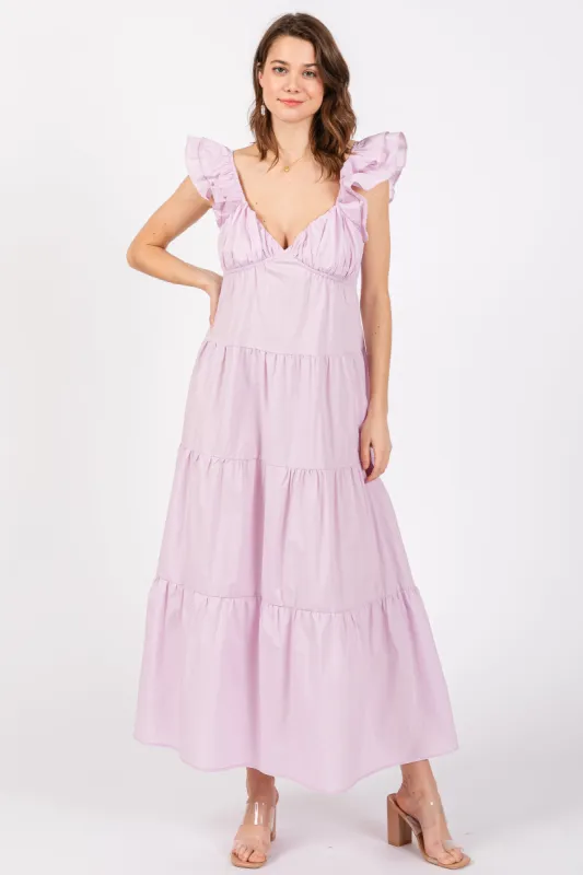 Lavender Flutter Sleeve Tiered Maxi Dress sold by Pinkblush