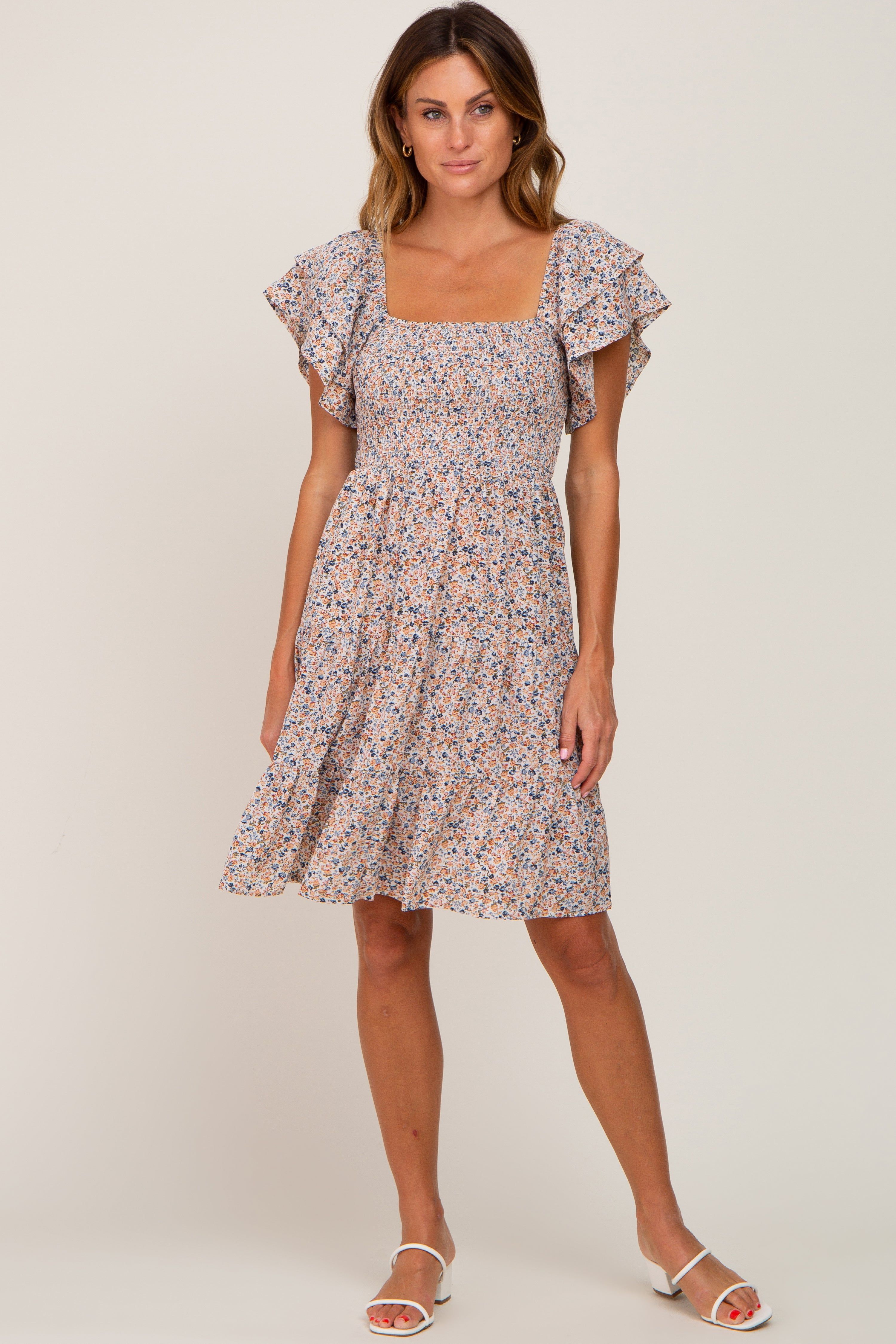 Cream Floral Smocked Tiered Dress sold by Pinkblush product image thumbnail 5