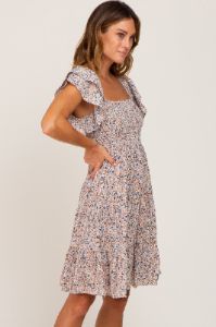 Cream Floral Smocked Tiered Dress sold by Pinkblush