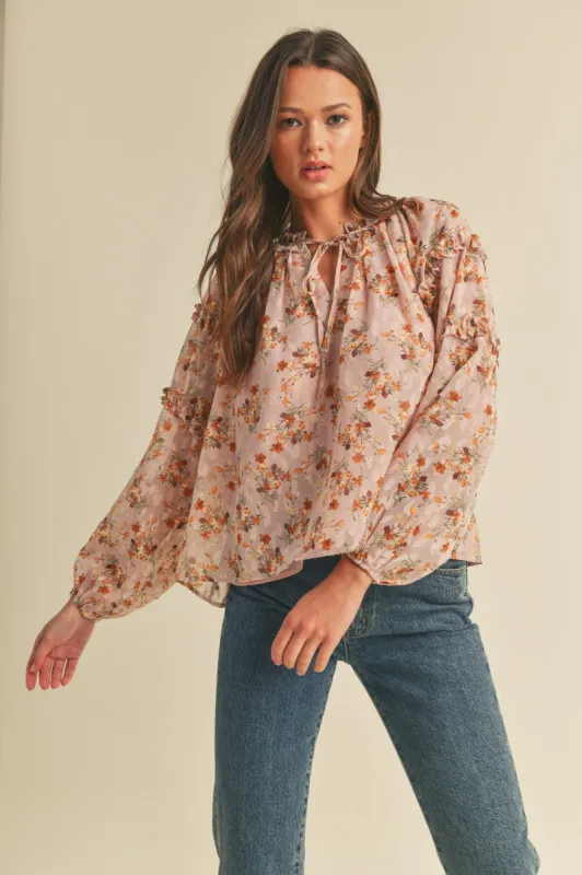 Dusty Pink Floral Ruffle Long Sleeve Top sold by Pinkblush