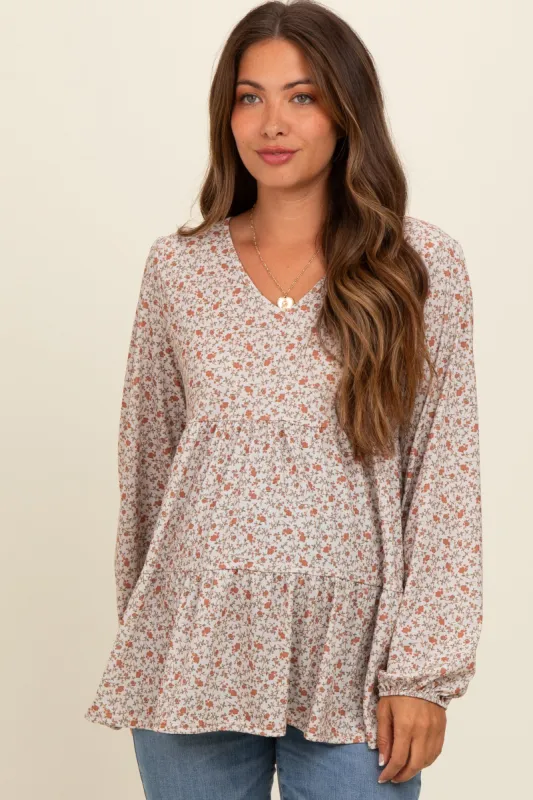 Cream Floral Tiered Long Sleeve Maternity Top sold by Pinkblush