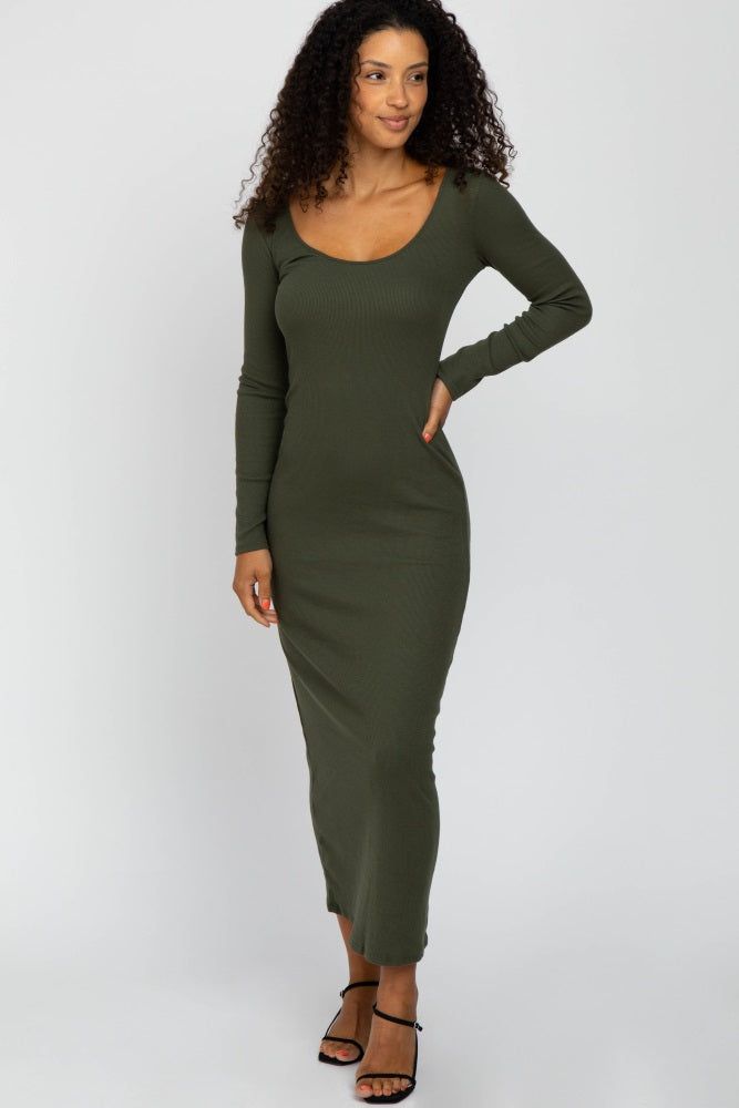 Olive Ribbed Long Sleeve Maxi Dress sold by Pinkblush