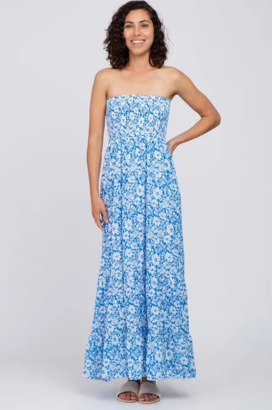 Blue Floral Strapless Smocked Maxi Dress sold by Pinkblush