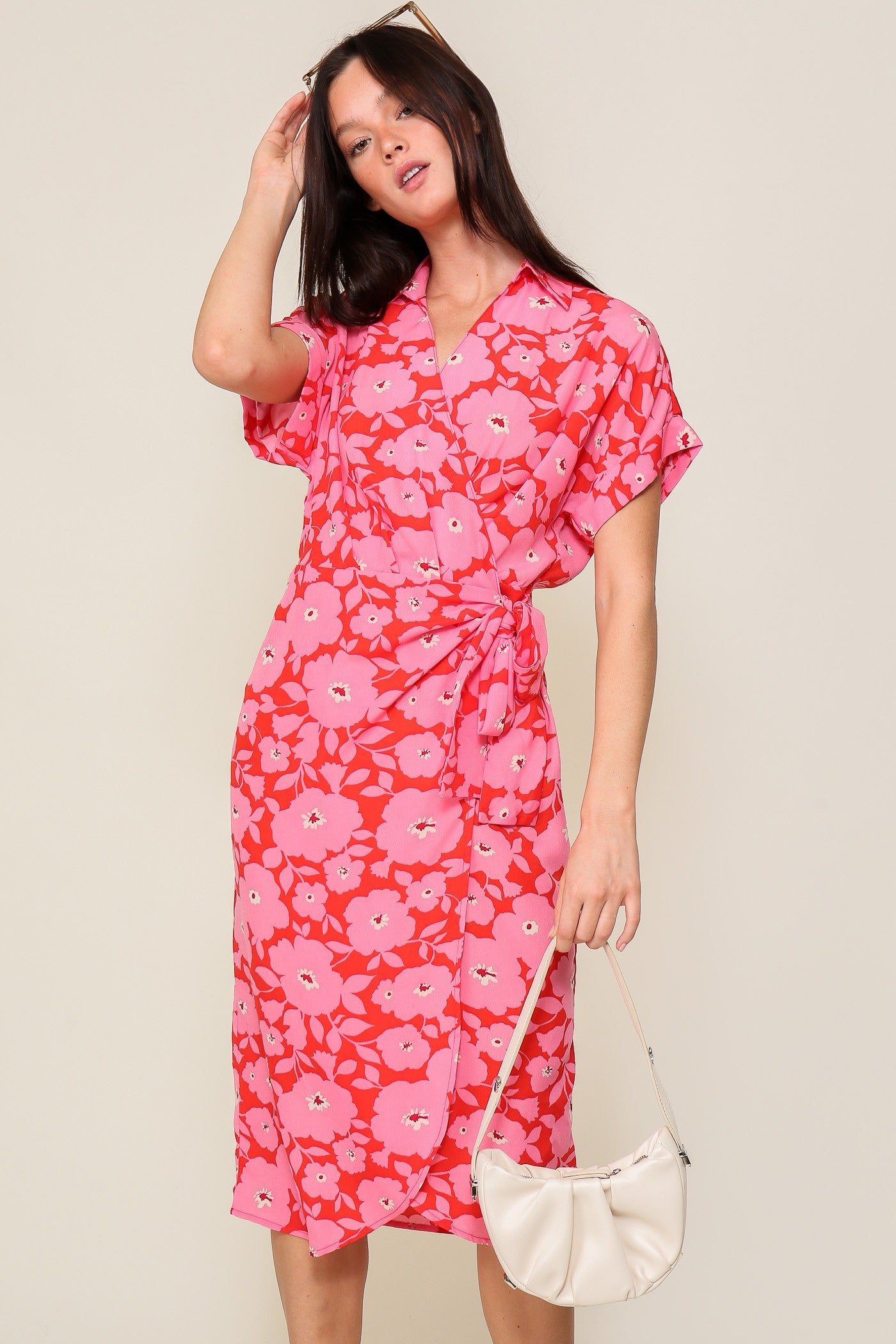 Orange Fuchsia Surplice Floral Print Wrap Midi Dress sold by Pinkblush product image thumbnail 4