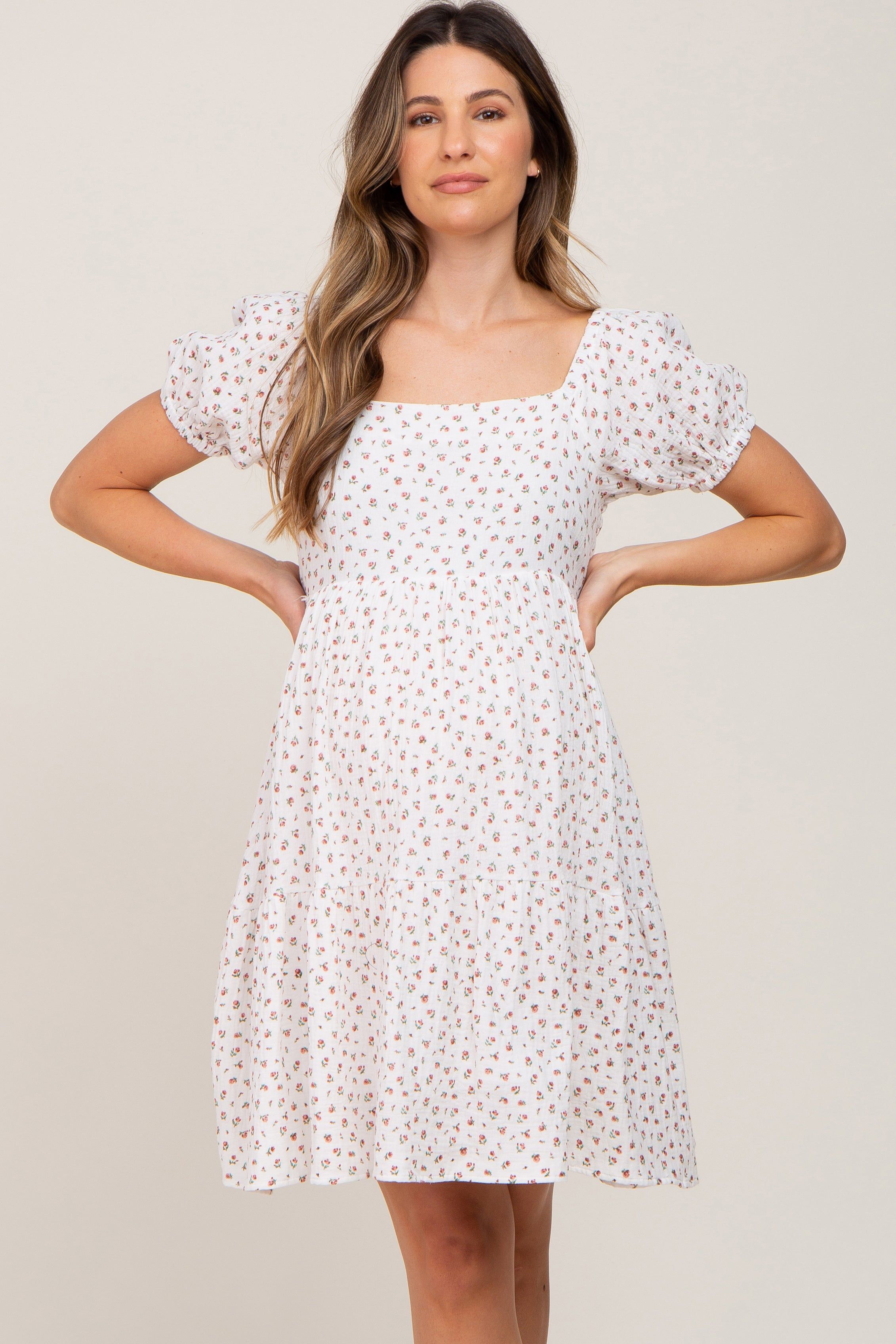 Ivory Floral Puff Sleeve Maternity Dress sold by Pinkblush