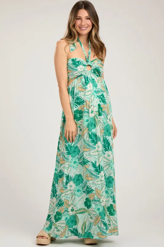 Light Blue Tropical Print Cutout Halter Neck Maternity Maxi Dress sold by Pinkblush