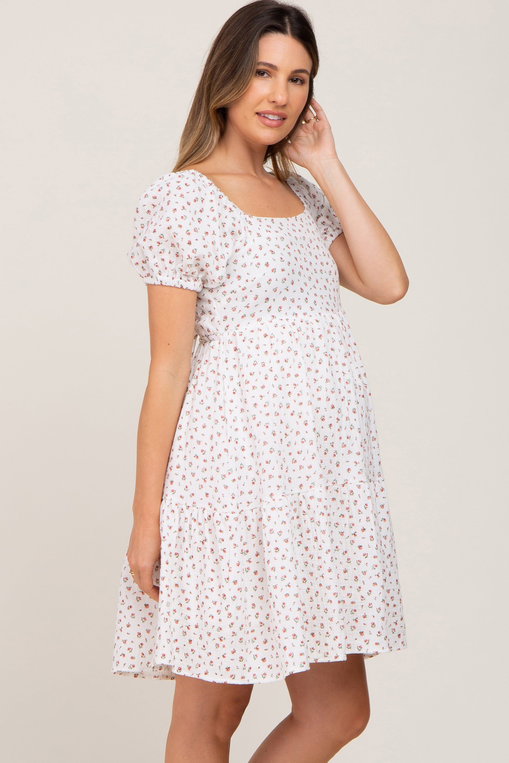 Ivory Floral Puff Sleeve Maternity Dress sold by Pinkblush product image thumbnail 2