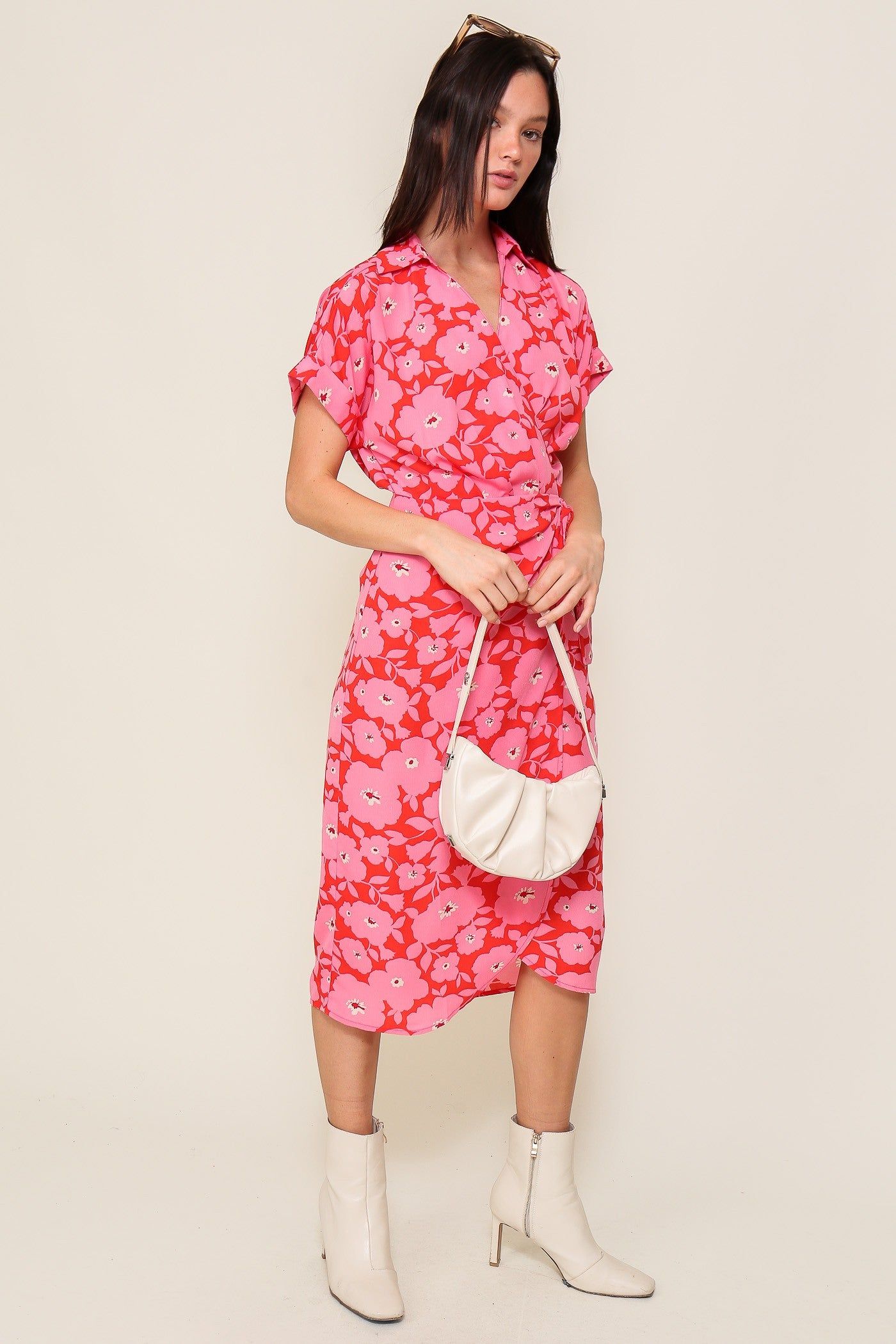 Orange Fuchsia Surplice Floral Print Wrap Midi Dress sold by Pinkblush product image thumbnail 2