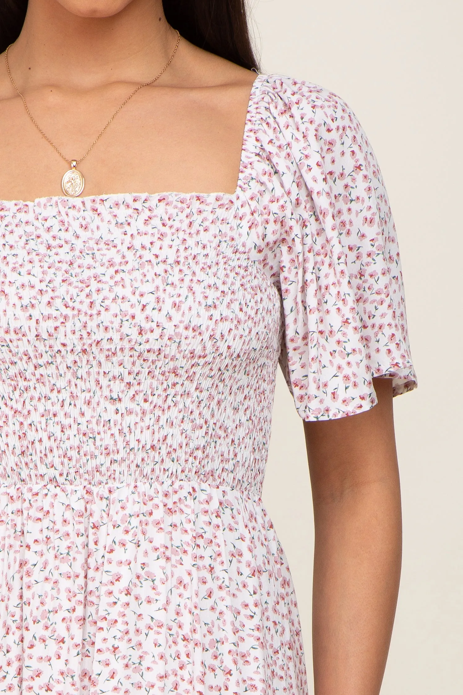 Ivory Floral Smocked Flounce Sleeve Maxi Dress sold by Pinkblush product image thumbnail 4