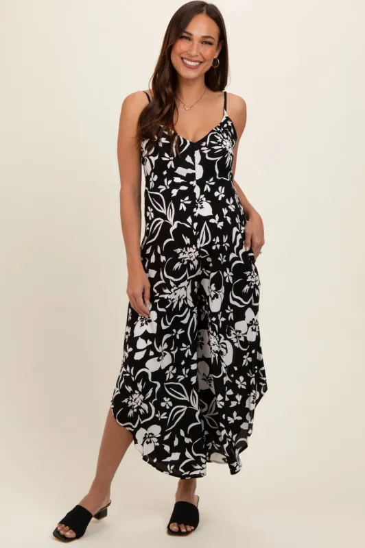 Black Tropical Floral V-Neck Back Cutout Round Hem Maternity Jumpsuit sold by Pinkblush