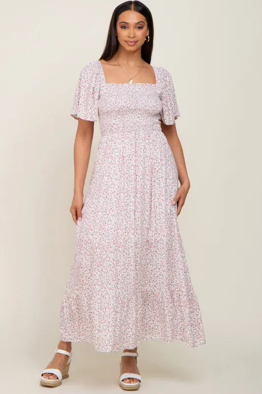 Ivory Floral Smocked Flounce Sleeve Maxi Dress sold by Pinkblush
