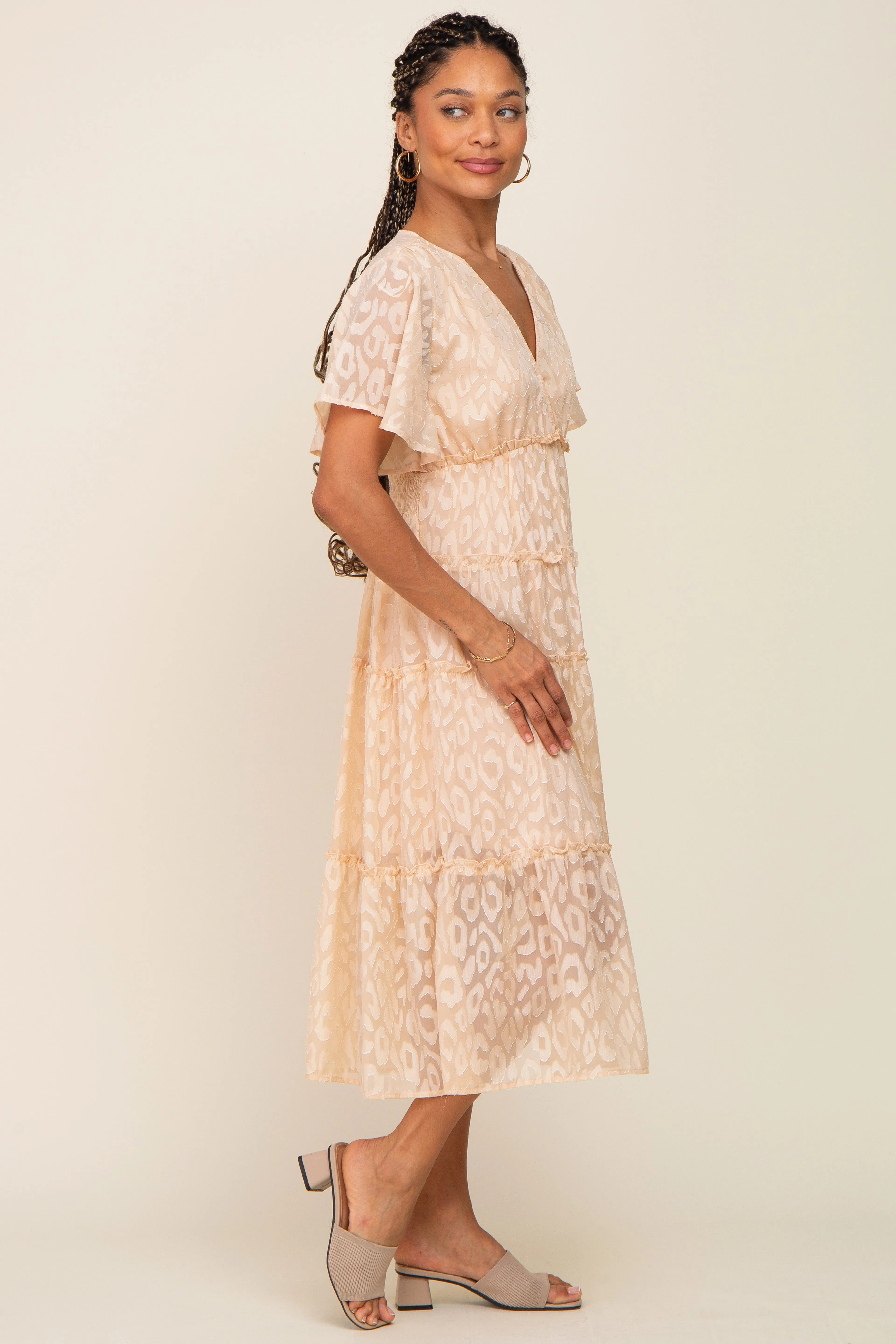 Beige Chiffon Animal Print Tiered Midi Dress sold by Pinkblush product image thumbnail 2