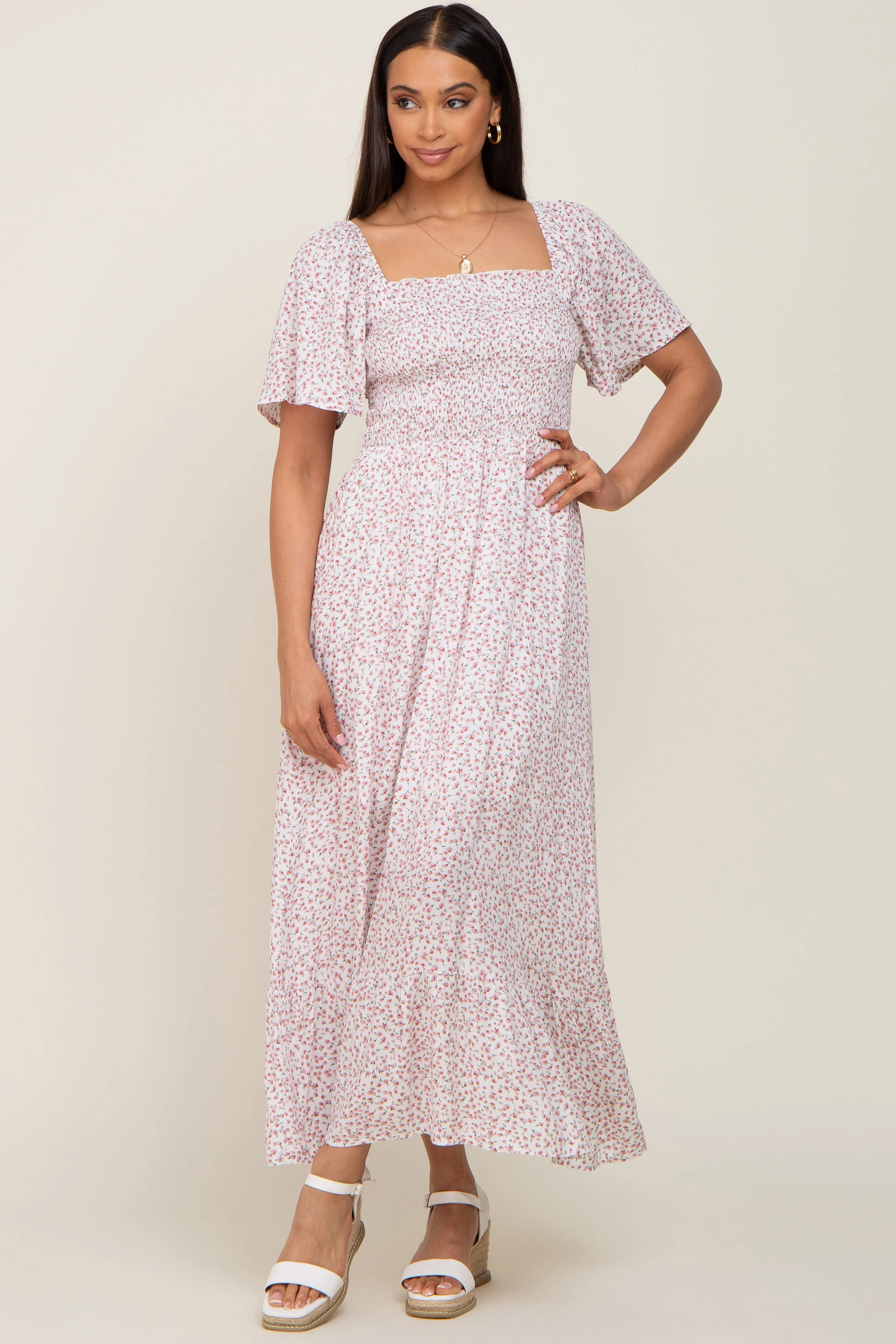 Ivory Floral Smocked Flounce Sleeve Maxi Dress sold by Pinkblush product image thumbnail 5