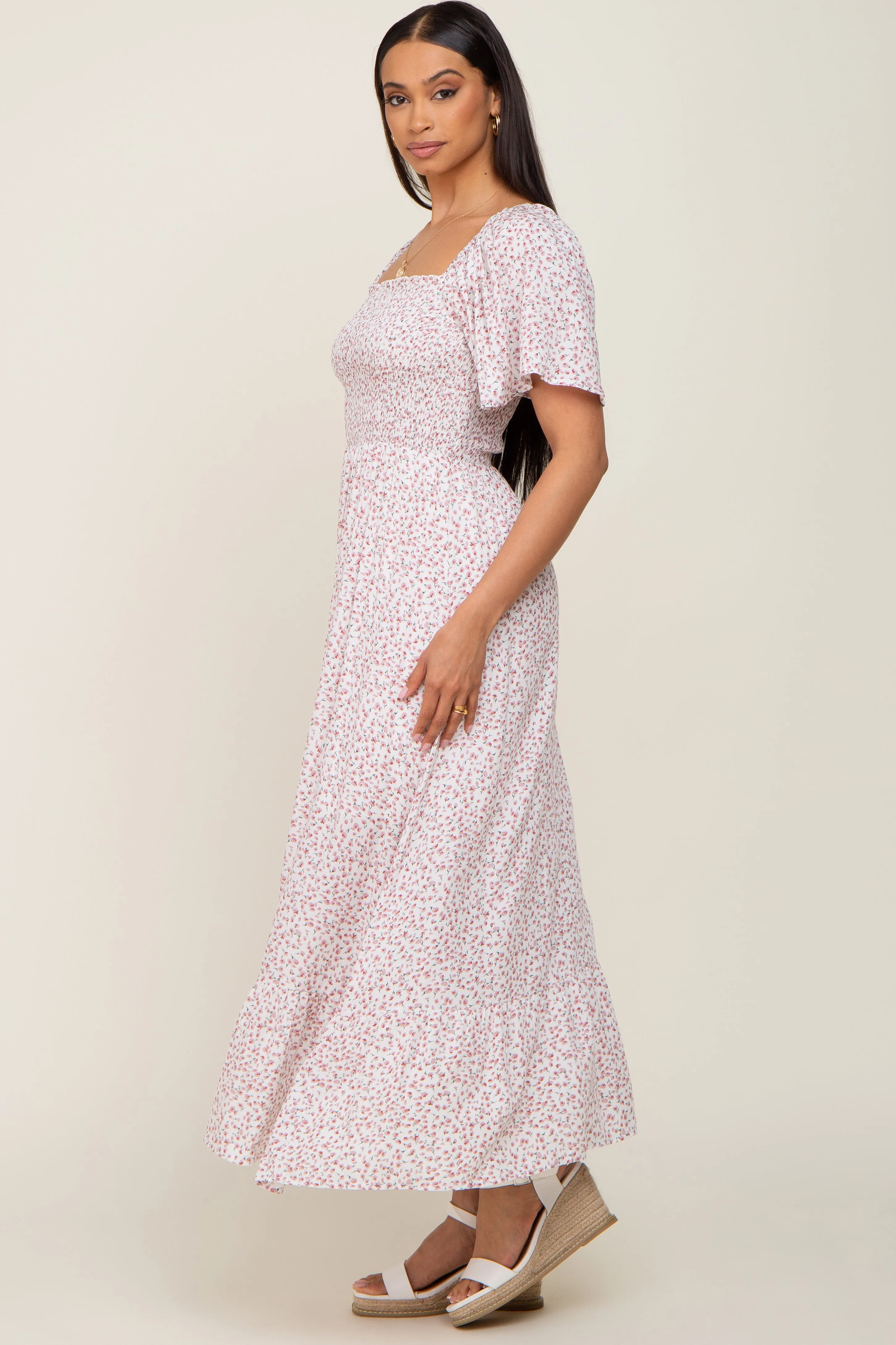 Ivory Floral Smocked Flounce Sleeve Maxi Dress sold by Pinkblush product image thumbnail 2