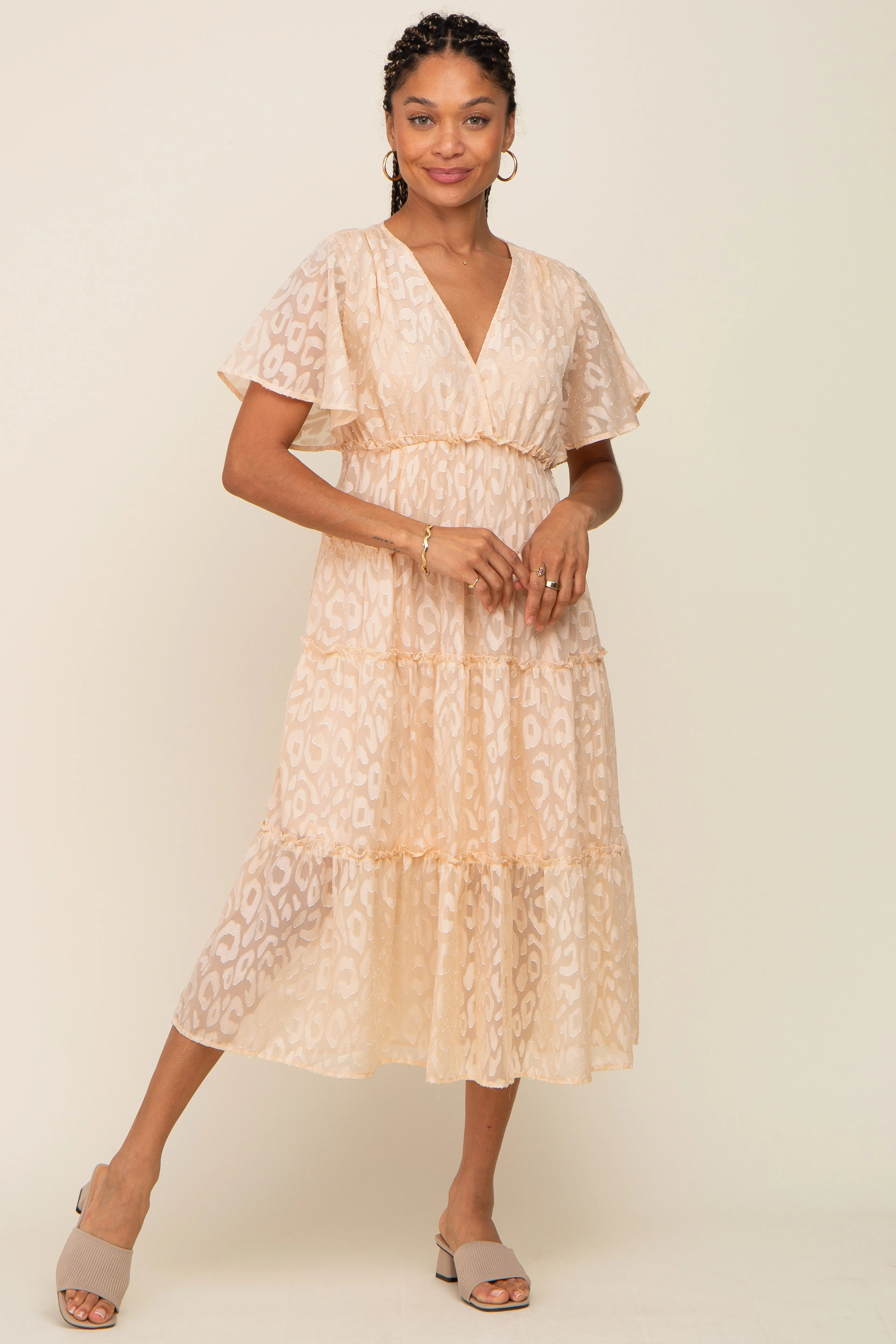 Beige Chiffon Animal Print Tiered Midi Dress sold by Pinkblush product image thumbnail 4