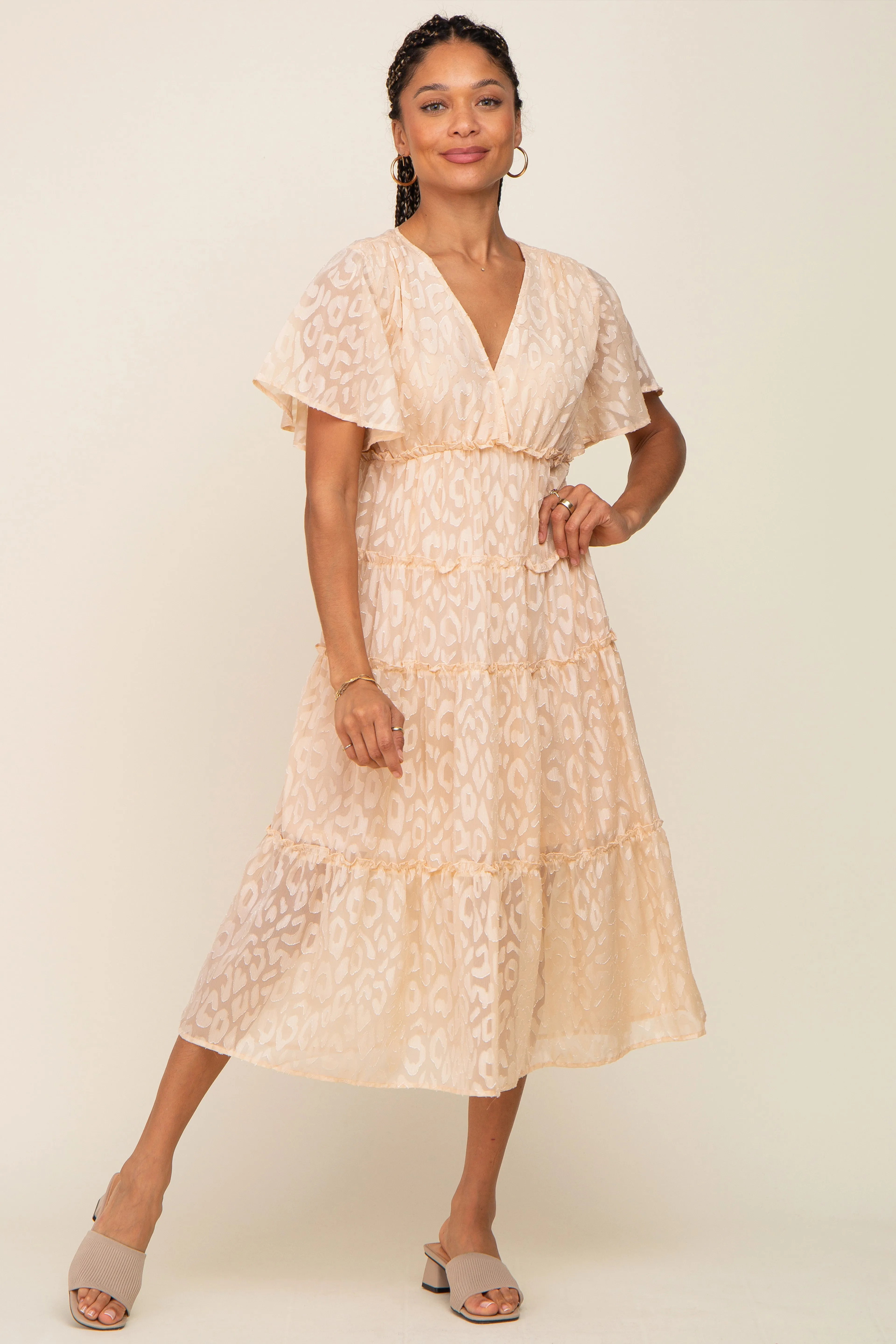 Beige Chiffon Animal Print Tiered Midi Dress sold by Pinkblush
