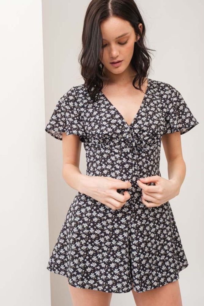 Black Floral Print V Neck Romper sold by Pinkblush product image thumbnail 2