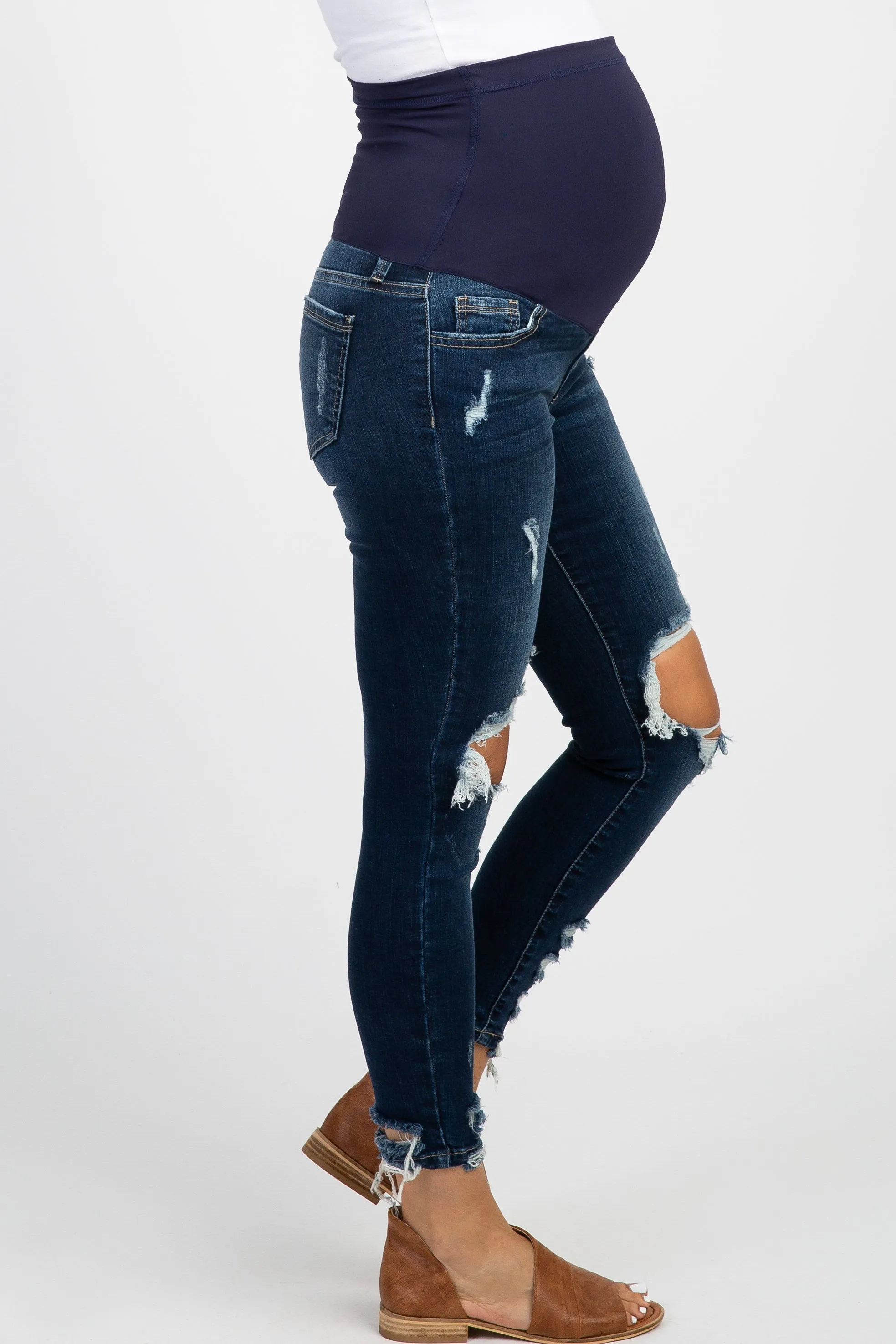 Navy Distressed Raw Cut Maternity Skinny Jeans sold by Pinkblush product image thumbnail 3