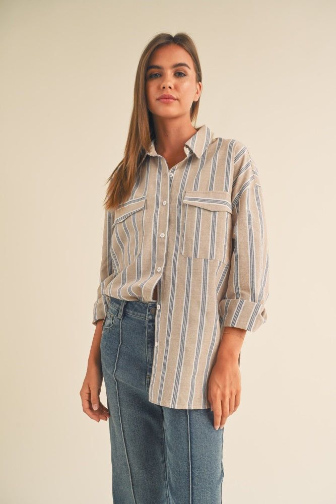 Taupe Striped Button Up Top sold by Pinkblush product image thumbnail 2