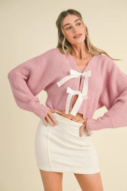 Pink Cream Bow-Front Crop Cardigan Sweater sold by Pinkblush