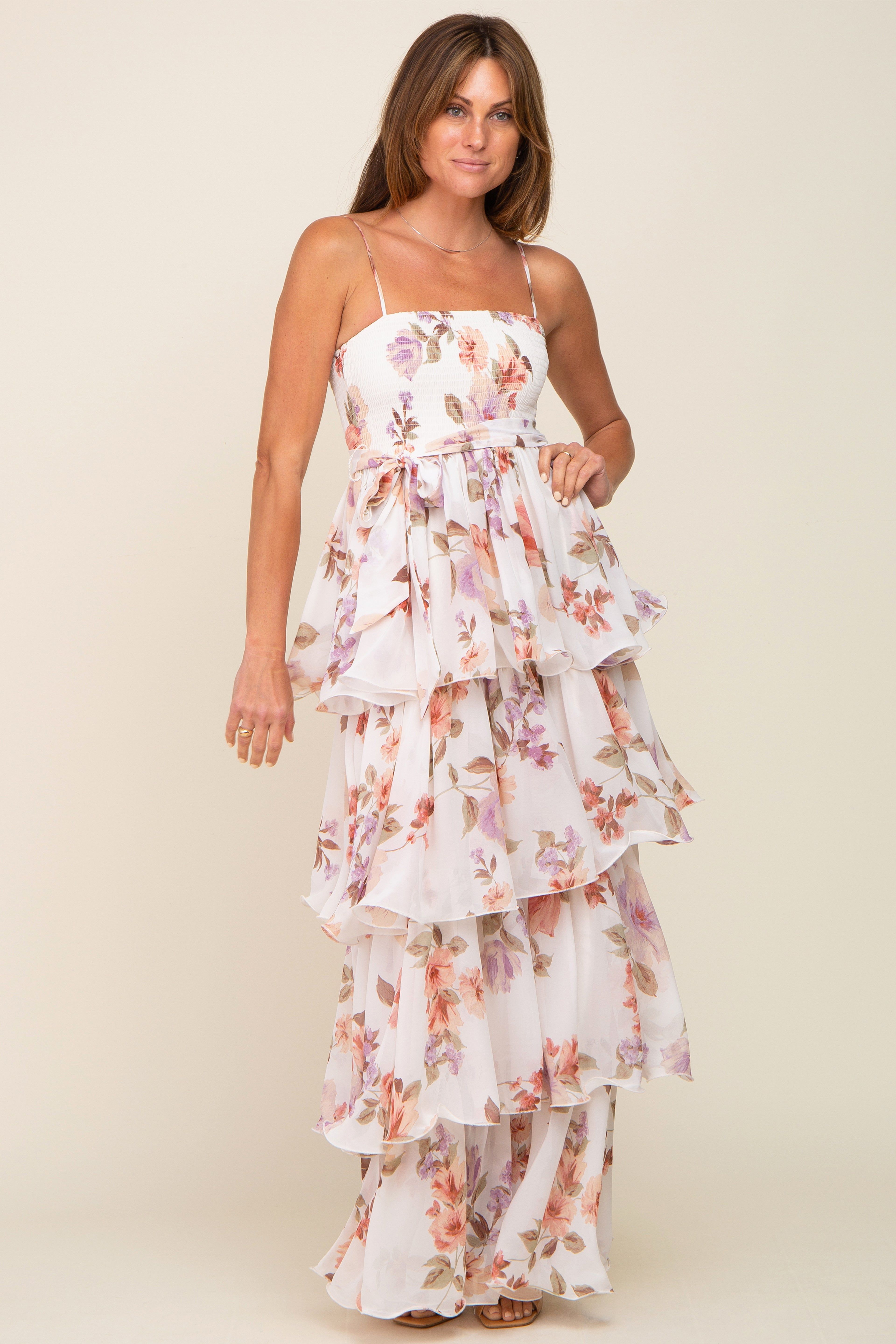 Lavender Floral Smocked Ruffle Tiered Maxi Dress sold by Pinkblush