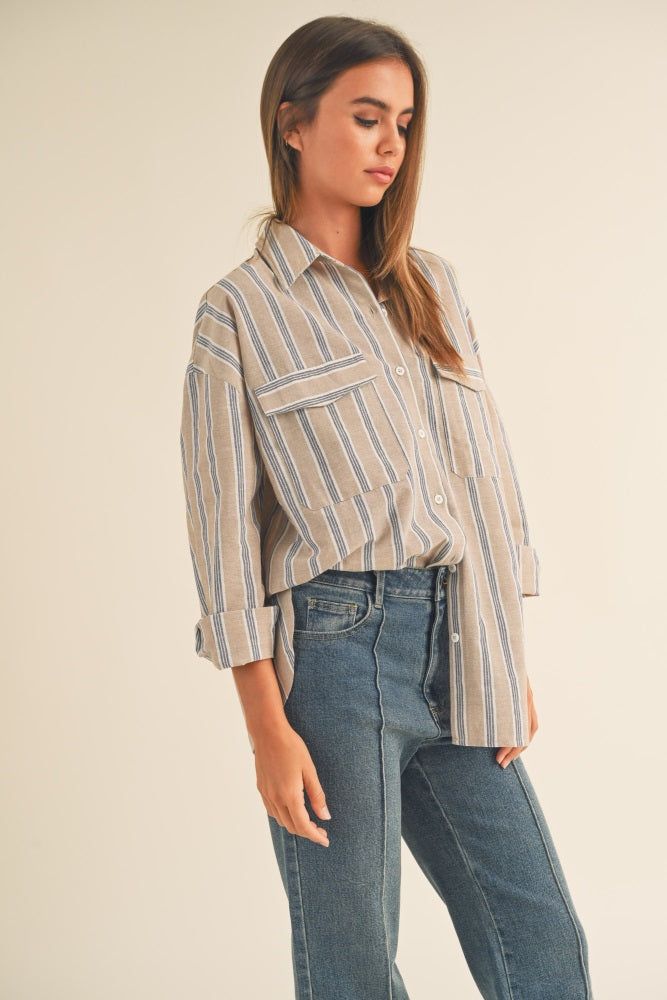 Taupe Striped Button Up Top sold by Pinkblush product image thumbnail 3