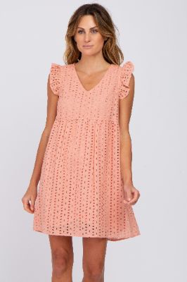 Coral Eyelet V-Neck Dress sold by Pinkblush