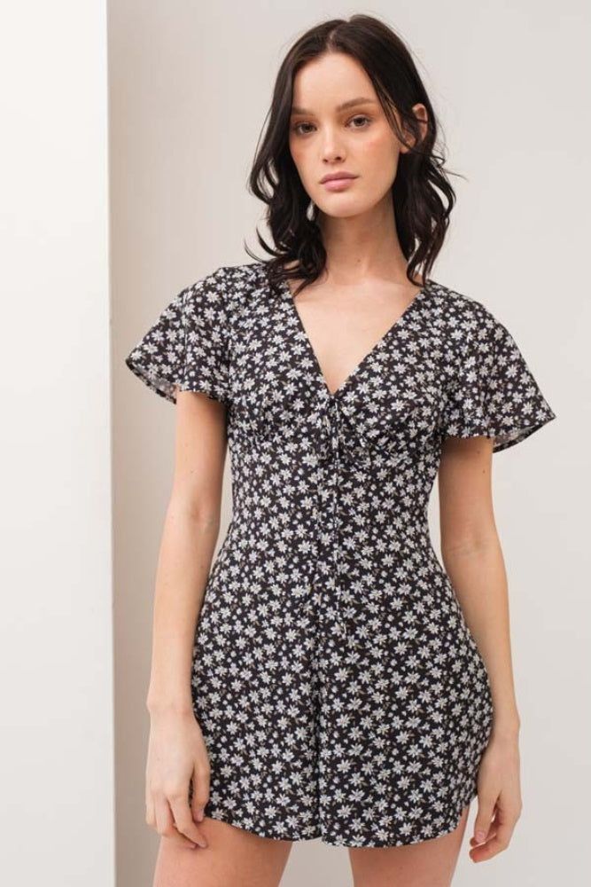 Black Floral Print V Neck Romper sold by Pinkblush