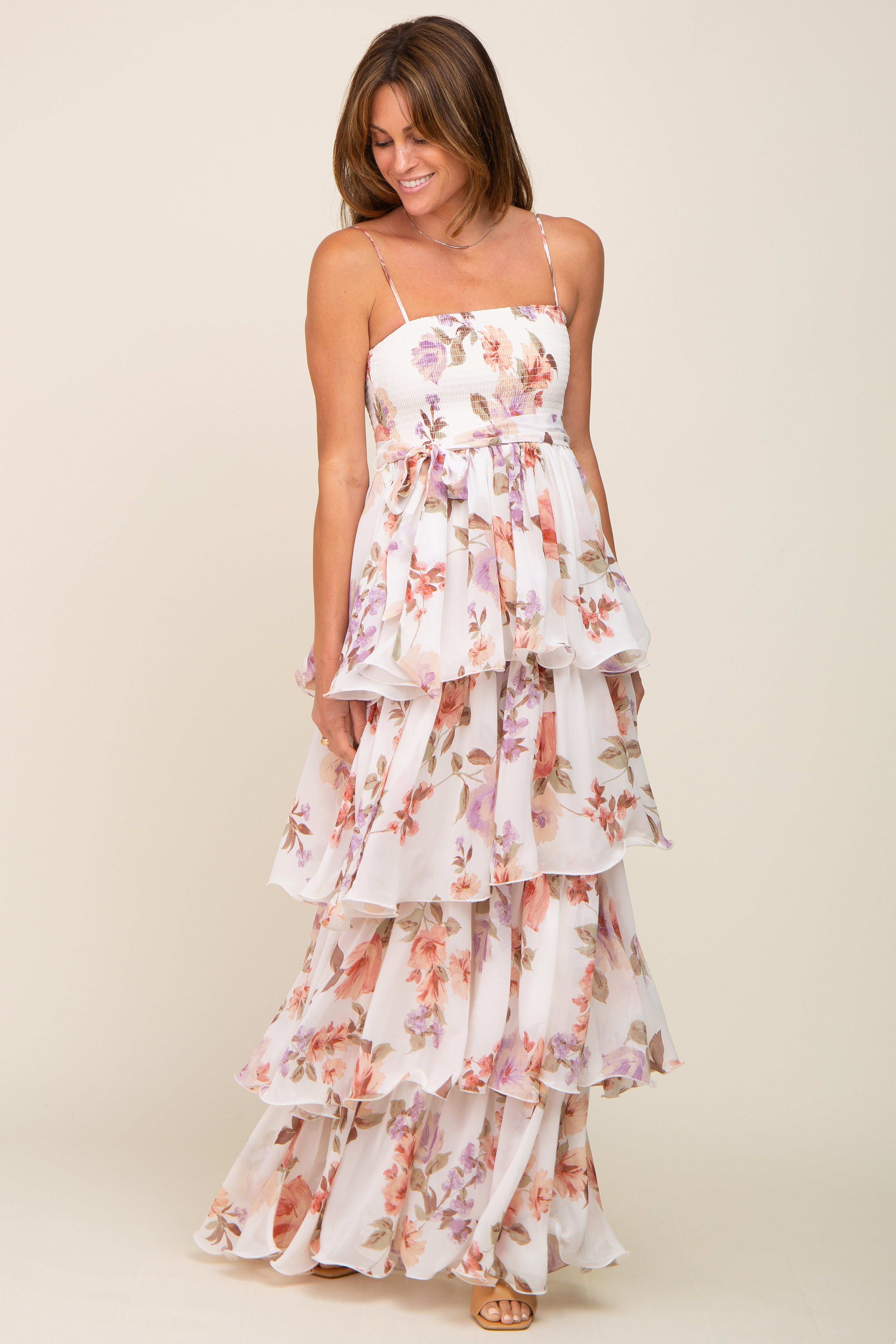 Lavender Floral Smocked Ruffle Tiered Maxi Dress sold by Pinkblush product image thumbnail 4