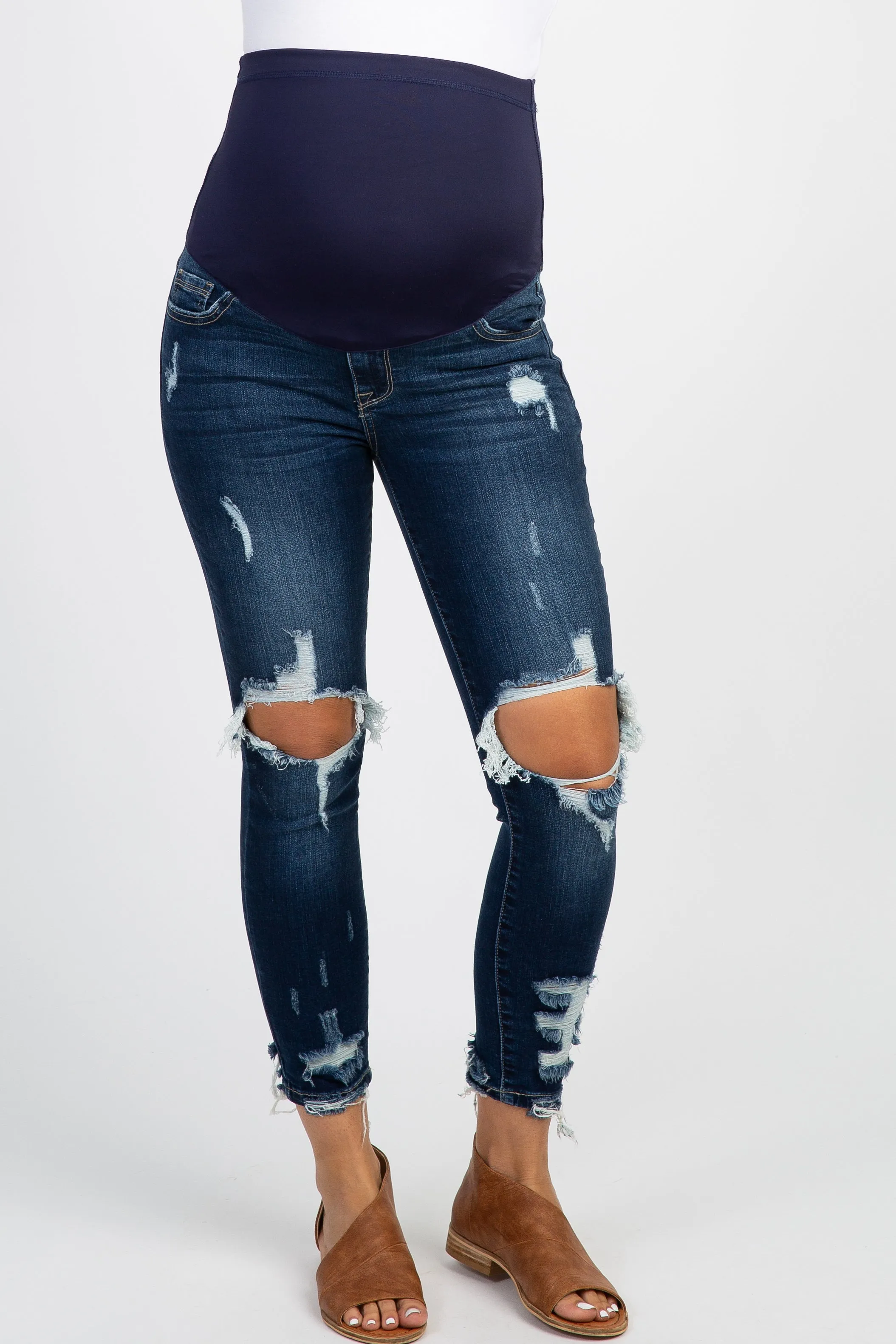 Navy Distressed Raw Cut Maternity Skinny Jeans sold by Pinkblush product image thumbnail 2